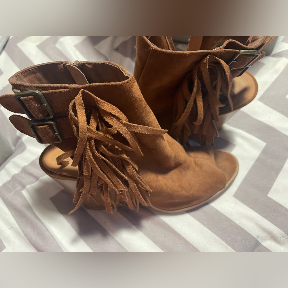 Qupid fringe peep toe bootie